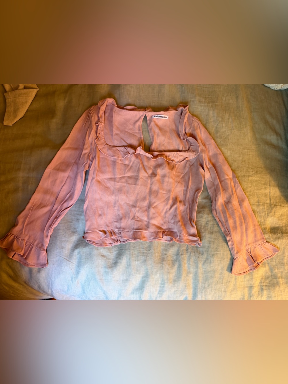 Reformation Blush Pink Ruffle-Trim Long Sleeve Top
